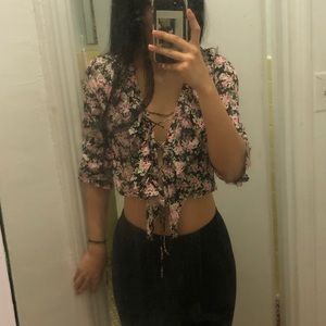 Floral lace up deep v  crop top